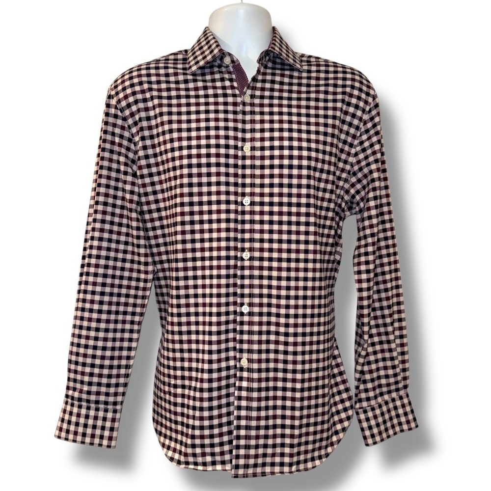 Society of Threads Stretch Gingham ButtonDown Shirt Men’s M Burg/Black Slim Fit
